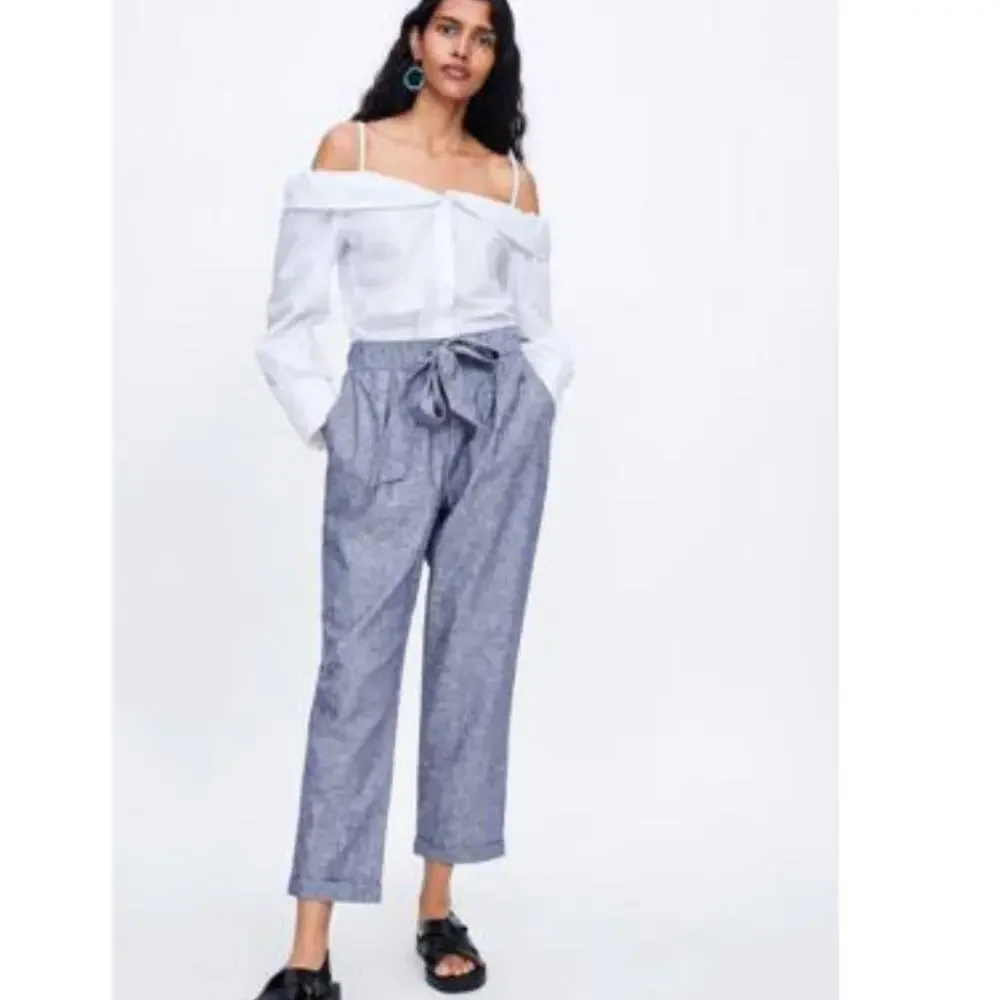 Zara‎ Blue Linen Blend Tie Waist Tapered Pants Womens Small High Rise Cuffed Hem